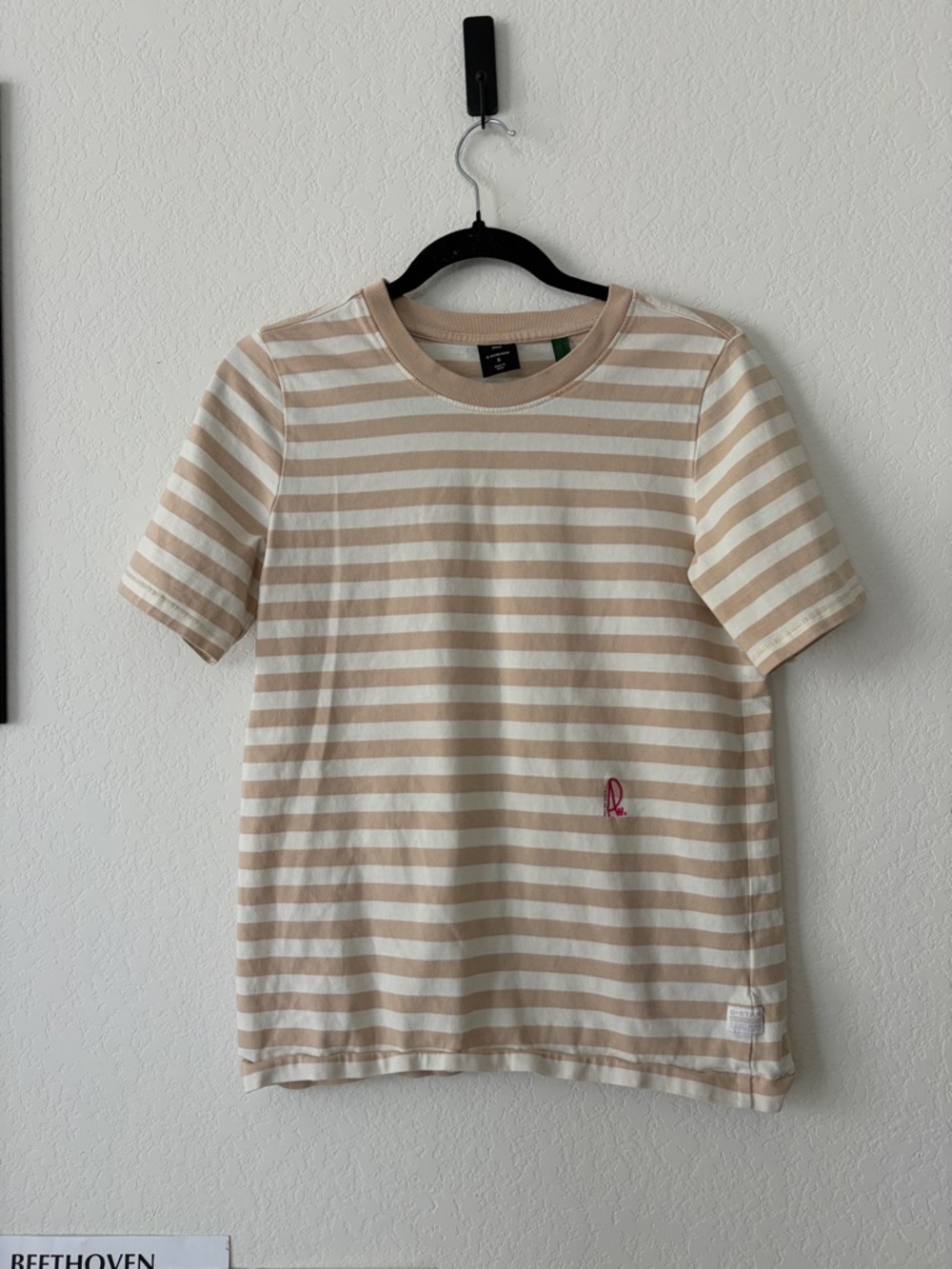 G-STAR RAW STRIPED TEE TAN CREAM BRETON STRIPE MINIMALIST CREWNECK TOP S